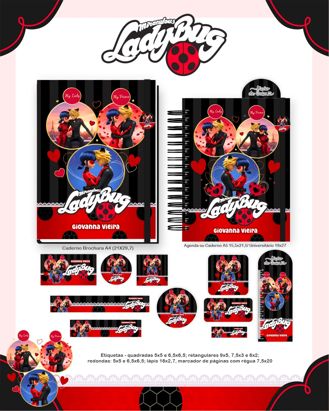 Pack artes personagem Lady Bug volta as aulas estampas para agenda caderno capas etiquetas fichario