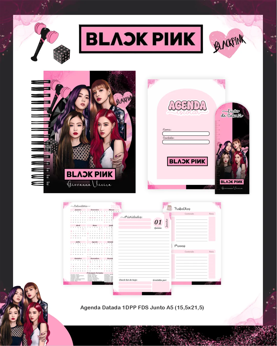 Pack artes Banda musical Black Pink volta as aulas estampas para agenda caderno capas etiquetas