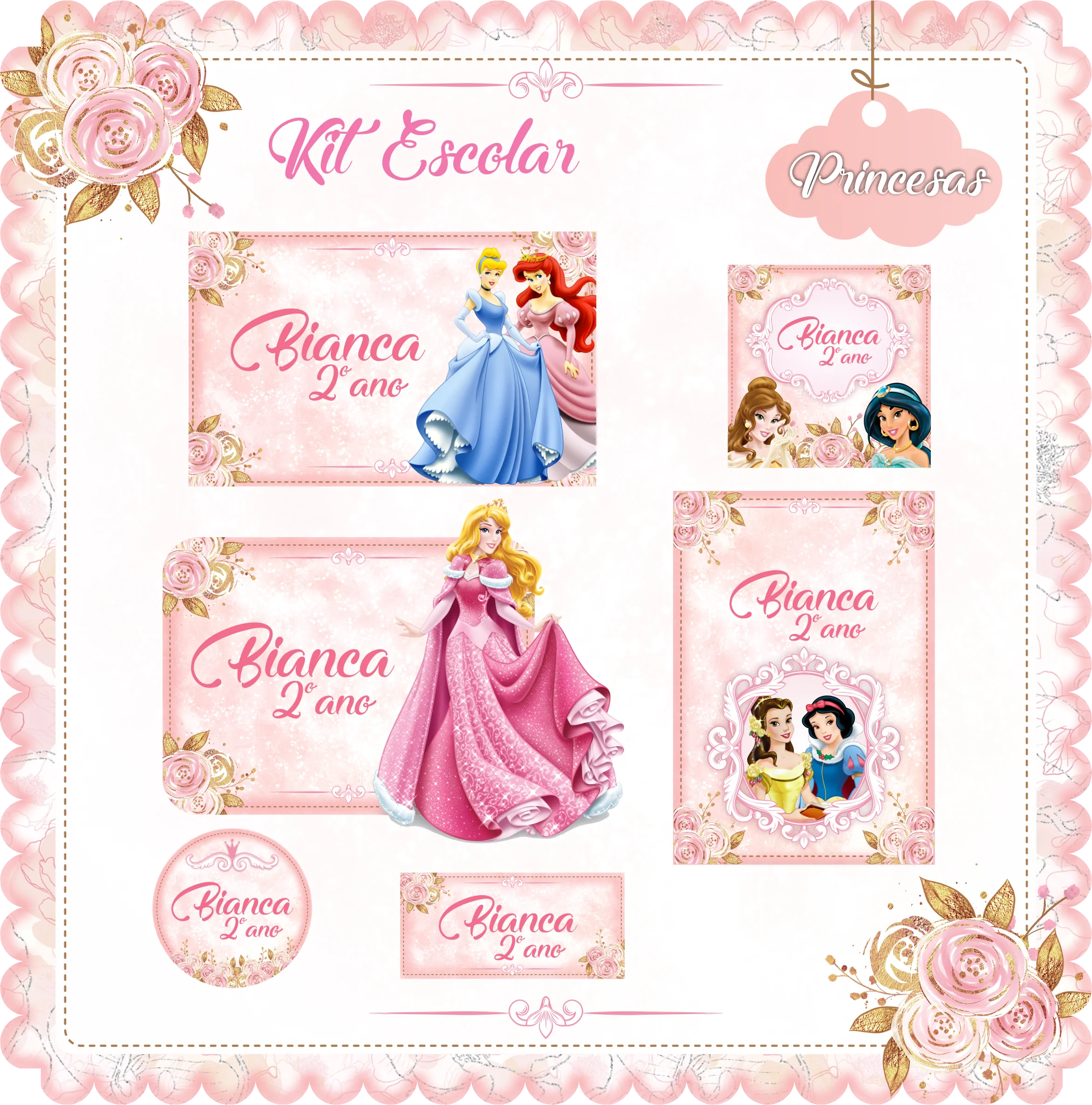 Pacote etiqueta escolares para meninas - arquivos editáveis - 18 temas diversos - Formato STUDIO, PN