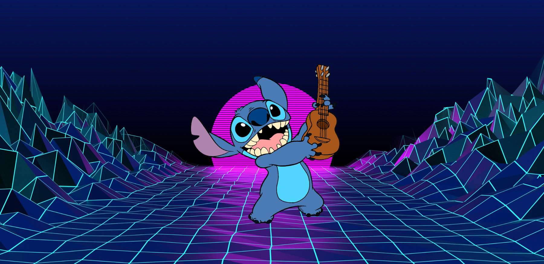 Personagem Stitch Tocando Ukulele Em Cenário Retrô Desenho Animado Png Arte Para Caneca Grátis Pra B