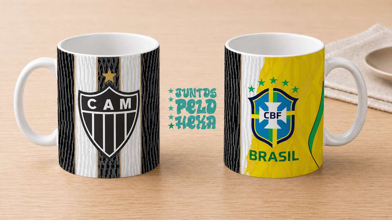 Arte Para Caneca Seleção Brasileira Amarela Mais Time Atlético Mineiro