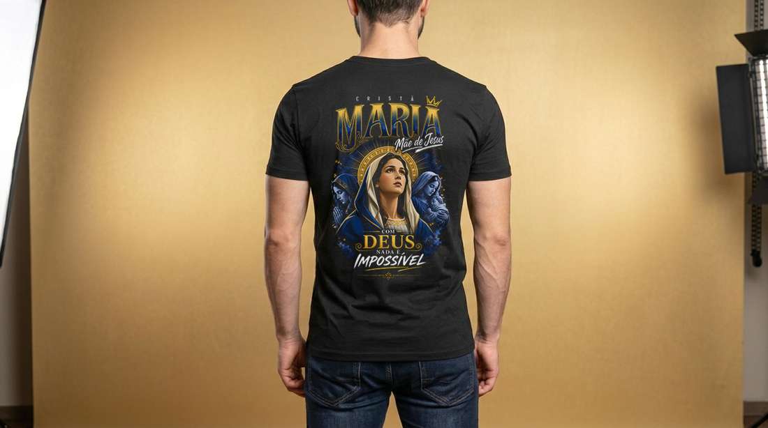 Arte Digital Camiseta Preta Crista Maria Mão De Jesus Com Deus Nada É Impossível