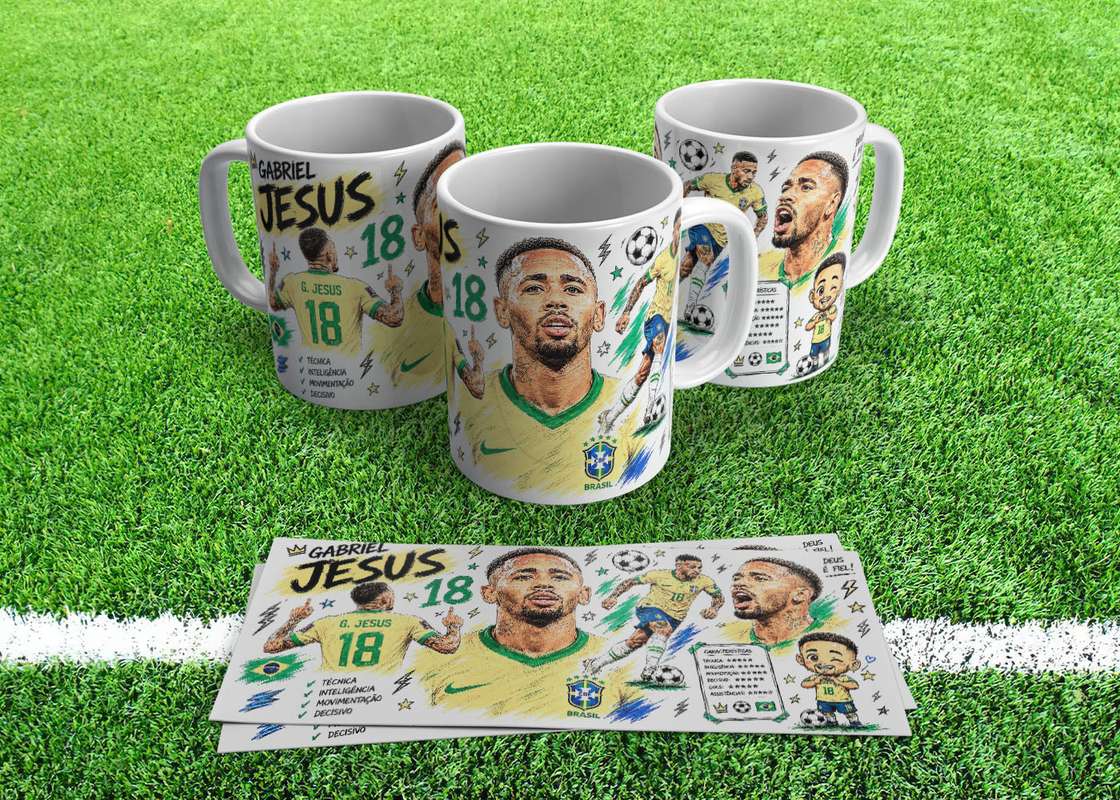 Arte Caneca Gabriel Jesus Jogador Da Seleção Brasileira Desenho Cartoon Caricatura
