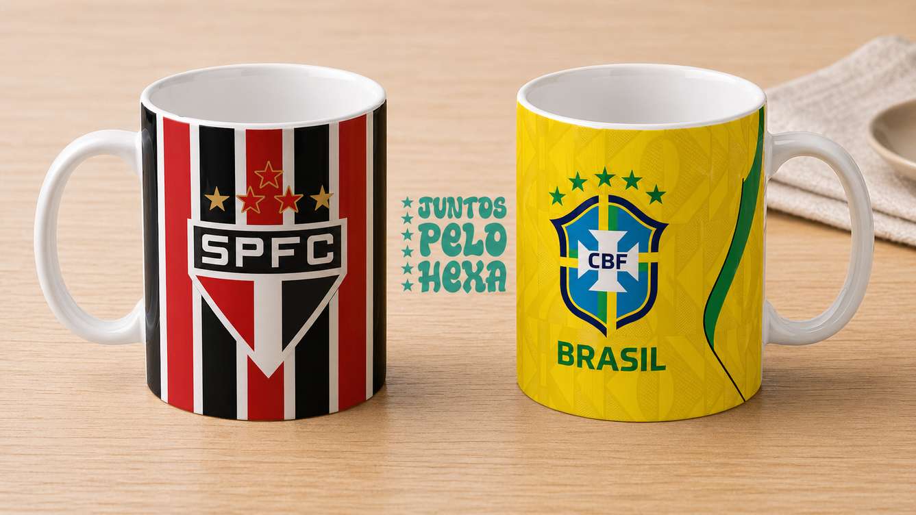 Arte Para Caneca Seleção Brasileira Amarela Mais Time São Paulo