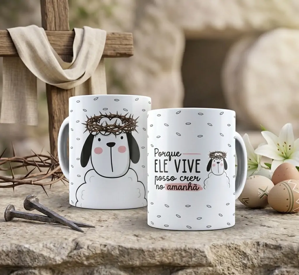 Arte Ovelhinha porque ele vive posso crer no amanhã jesus para caneca