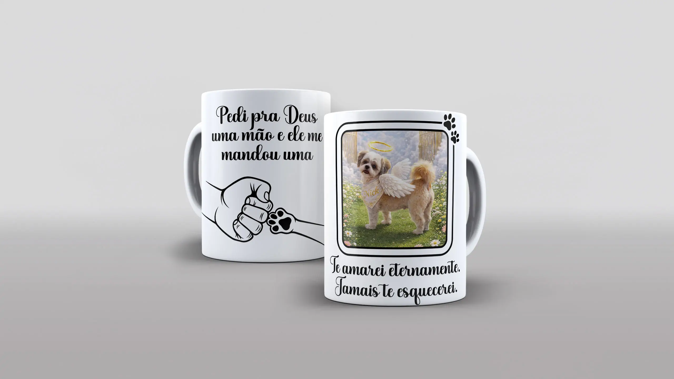 Arte pedi pra Deus uma mão e ele mandou uma pata pra caneca com espaço para foto