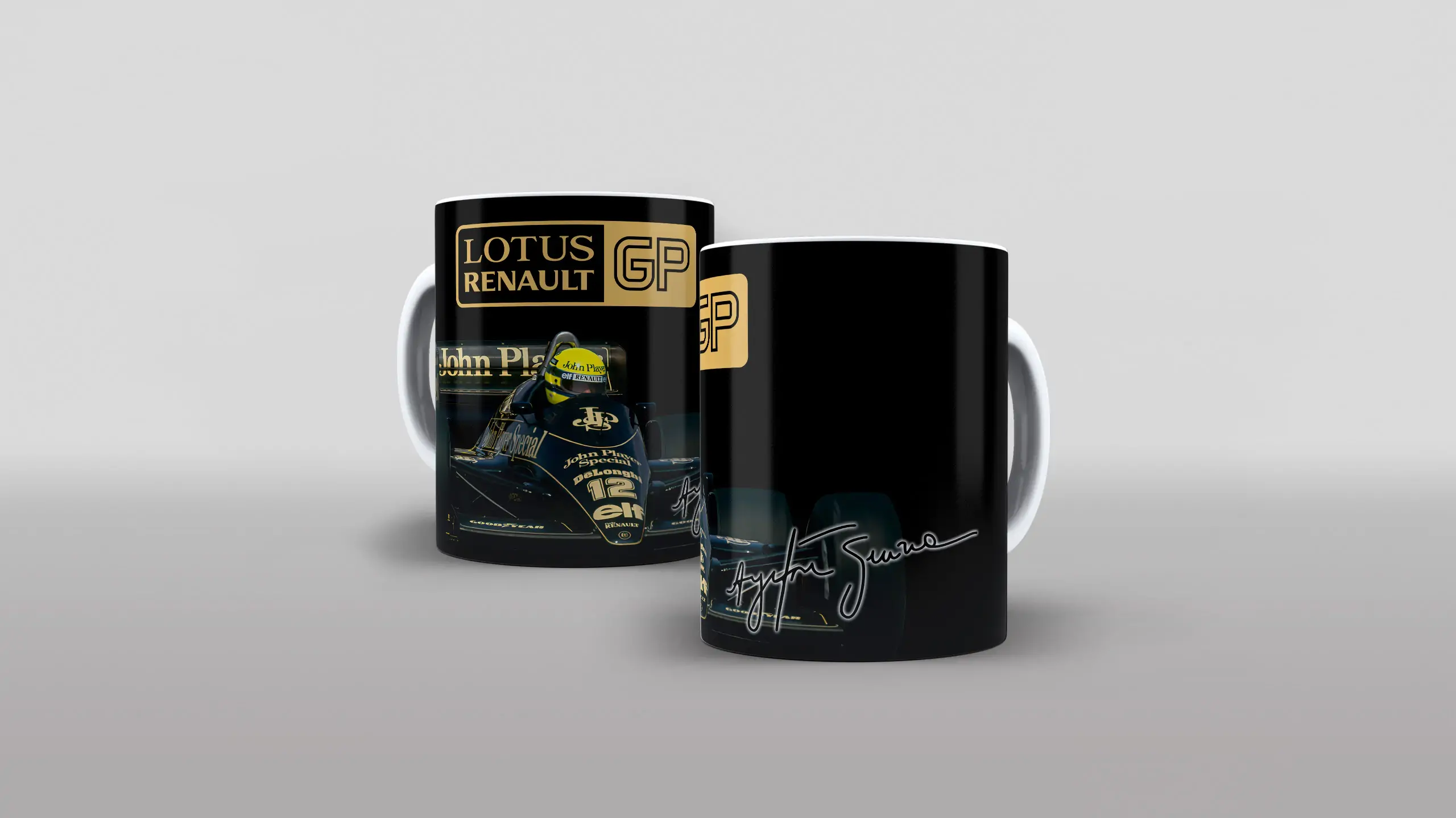 Arte Ayrton Senna Lotus Reanult GP autografado para caneca