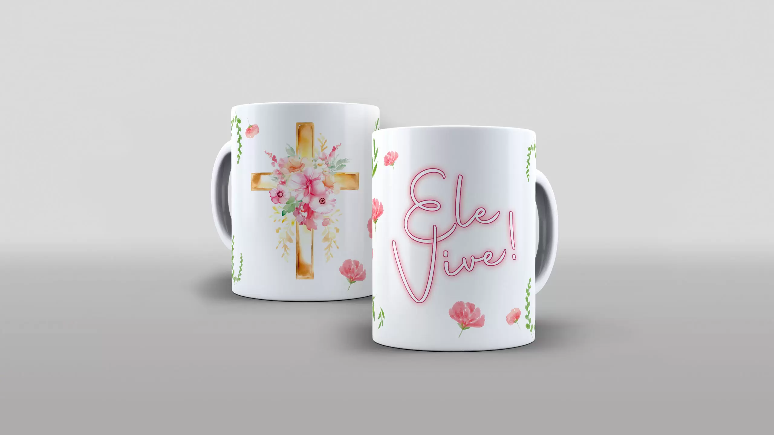 Arte ele vive jesus cristo cruz floral rosa para caneca