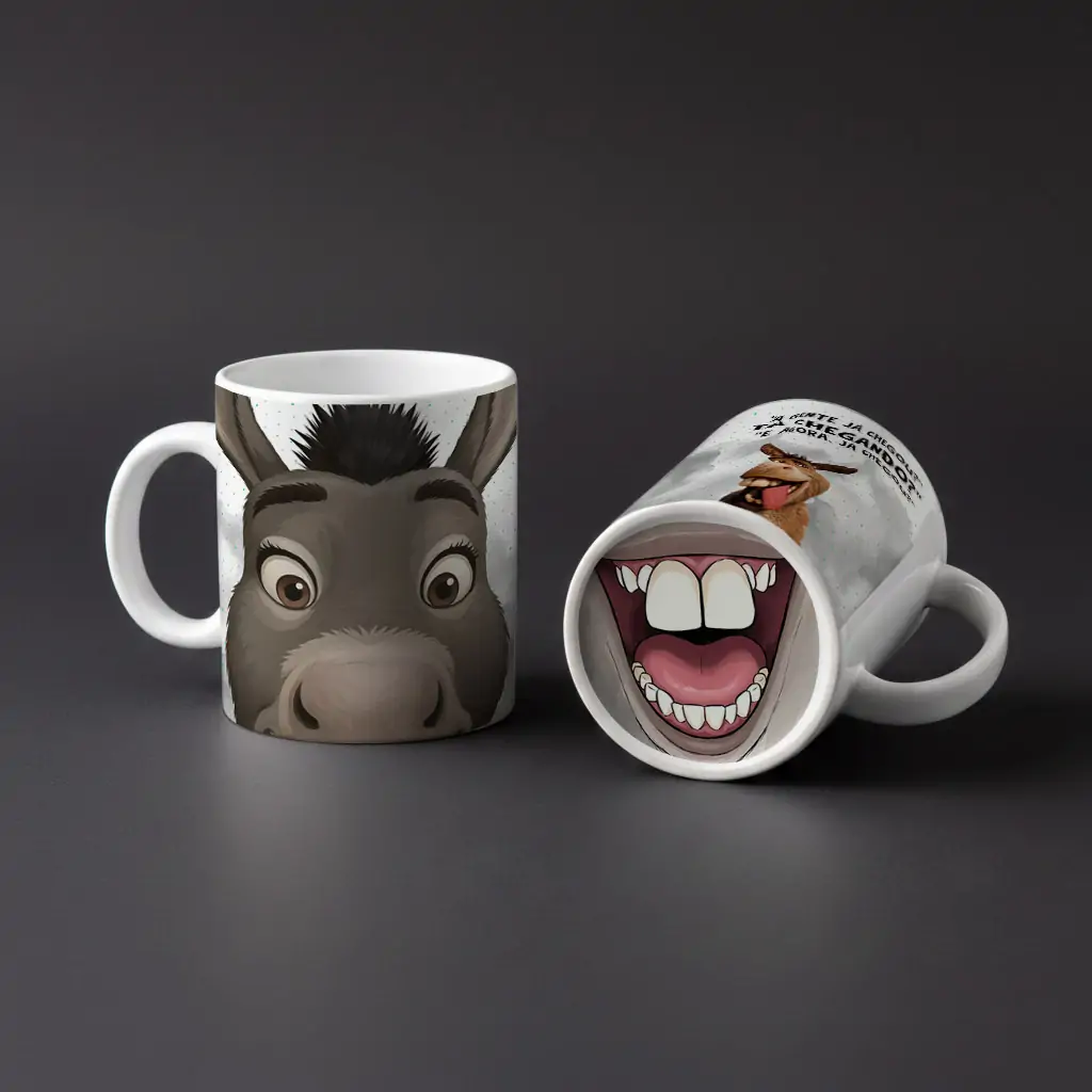 Arte para caneca bocão Burro amigo do Shrek a gente já chegou tá chegando e agora com boca no fundo