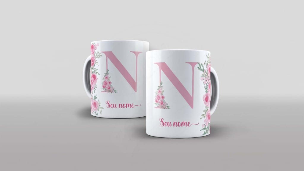ARTE PARA CANECA - ALFABETO COM NOME FLORAL- LETRA N-996