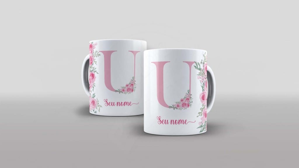 ARTE PARA CANECA -ALFABETO COM NOME FLORAL  - LETRA U-1018