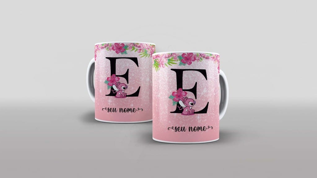 ARTE PARA CANECA  - ALFABETO - STITCH ANGEL - LETRA E-1093