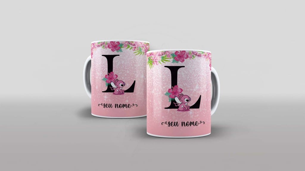 ARTE PARA CANECA  - ALFABETO - STITCH ANGEL - LETRA L-1100