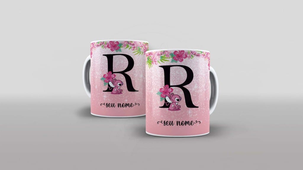 ARTE PARA CANECA  - ALFABETO - STITCH ANGEL - LETRA R-1106