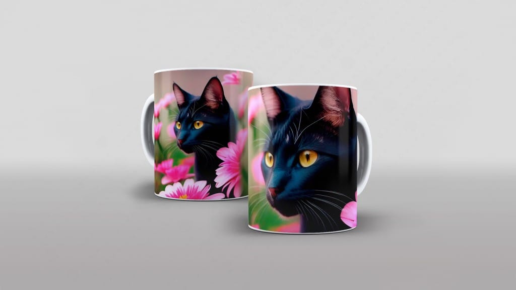 ARTE PARA CANECA GATO PRETO COM OLHOS DOURADOS ENTRE ROSAS-4263
