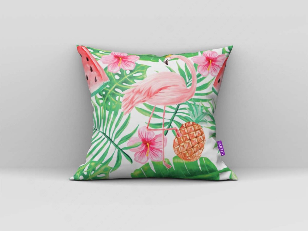 ARTE PARA ALMOFADA - KIT FLAMINGO COM FLORES E FOLHAS-4320