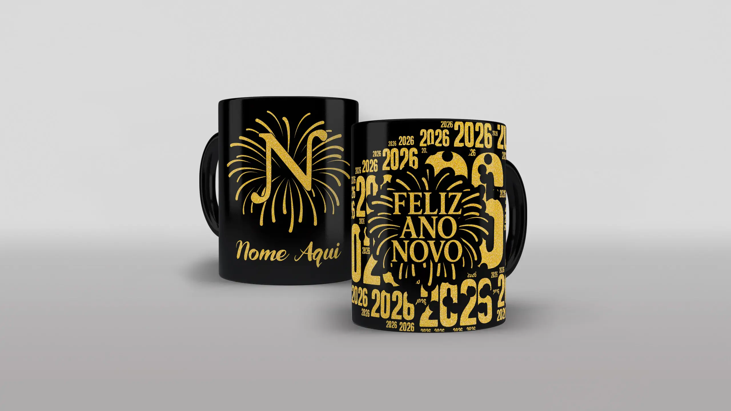 Arte feliz ano novo 2026 estilo glitter dourado pra caneca
